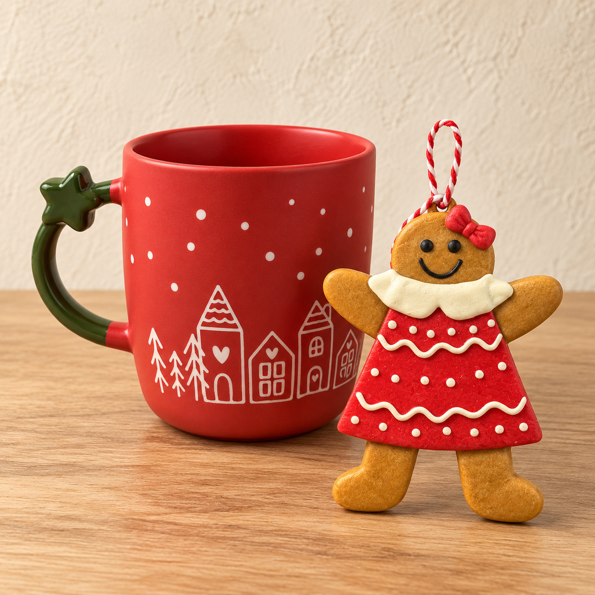 Christmas Village Mug with Gingerbread Girl Ornament – 2-Piece Set