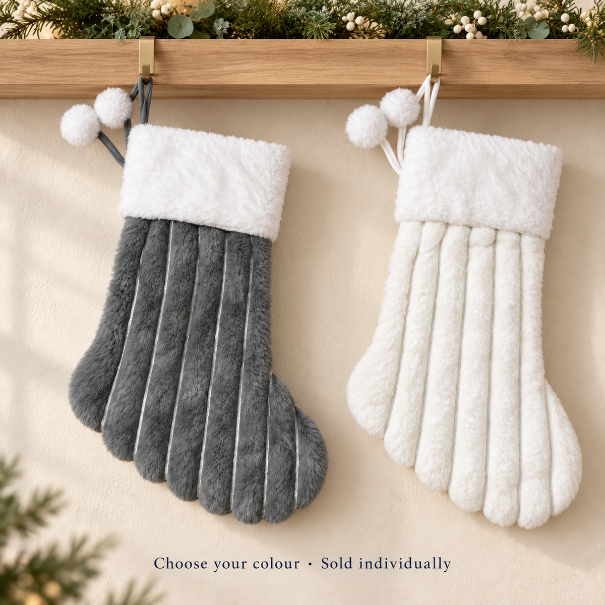 Plush Christmas Stocking with Pom-Poms